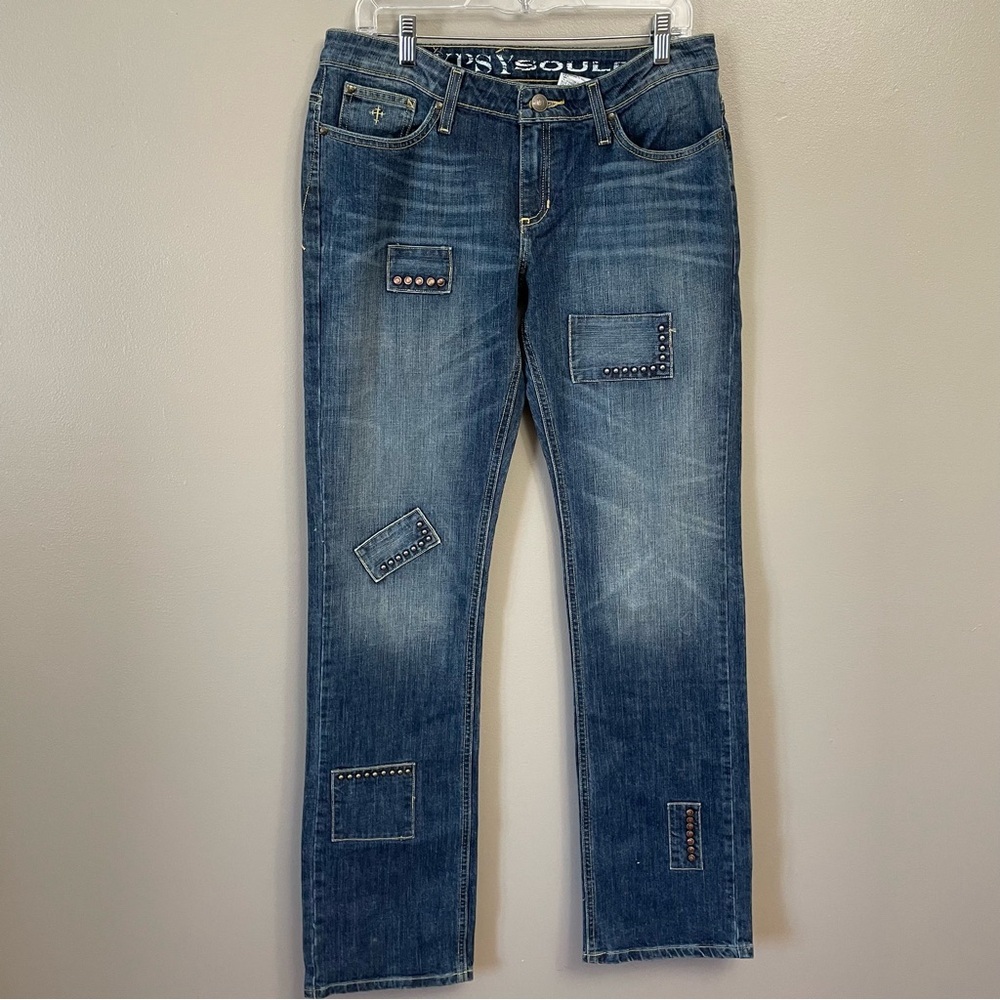 Gypsy Soule Women's Boyfriend Jeans  Studded Patches Size 8 Tall 34 Inseam